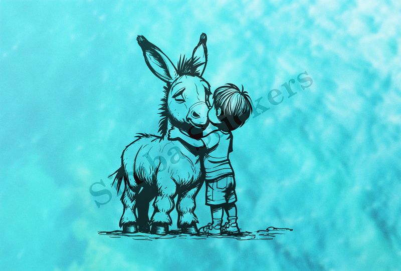 Small donkey hugged by a small boy, outline art