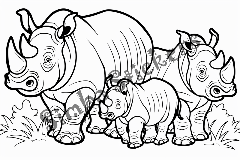 Colouring pages, bundle of rhino families, 10 images