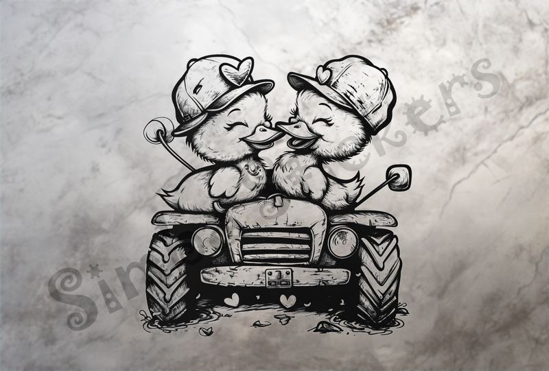 Ducklings in farmer&#x27;s hats beak-to-beak on tractor outline art
