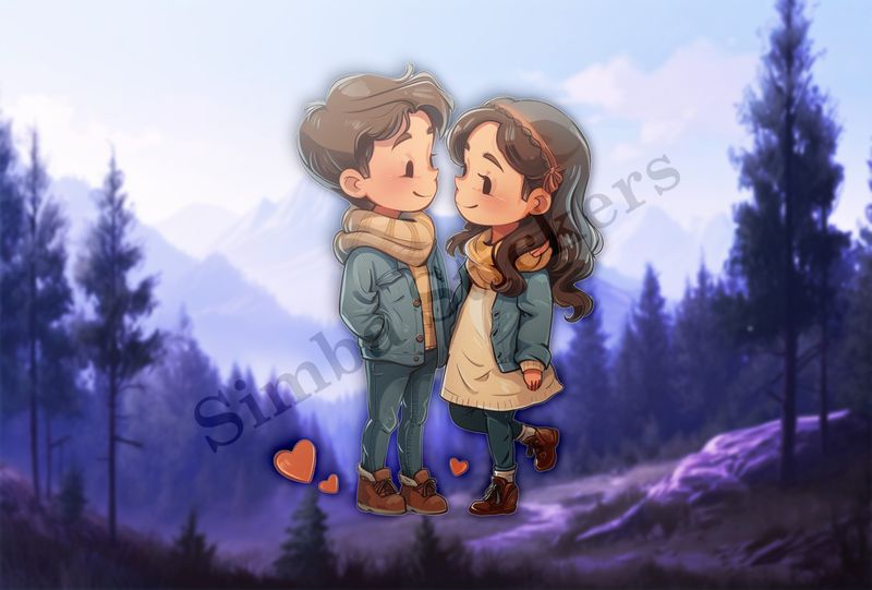 Boy and girl in love, in blue and brown clothes
