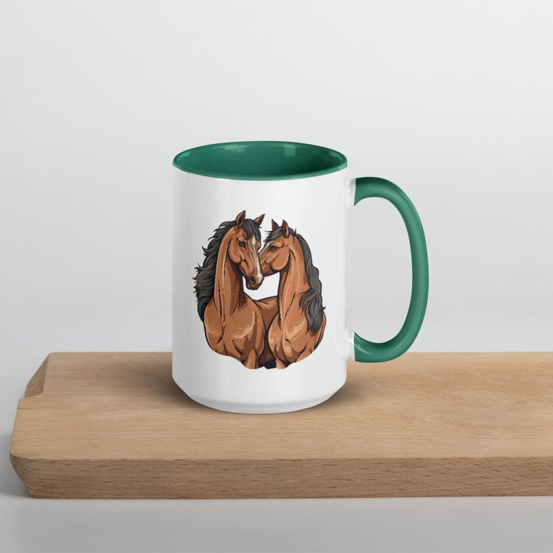 White Ceramic Mug with Color Inside, 11&amp;15oz, Two brown horses snuggling, tdwcyd