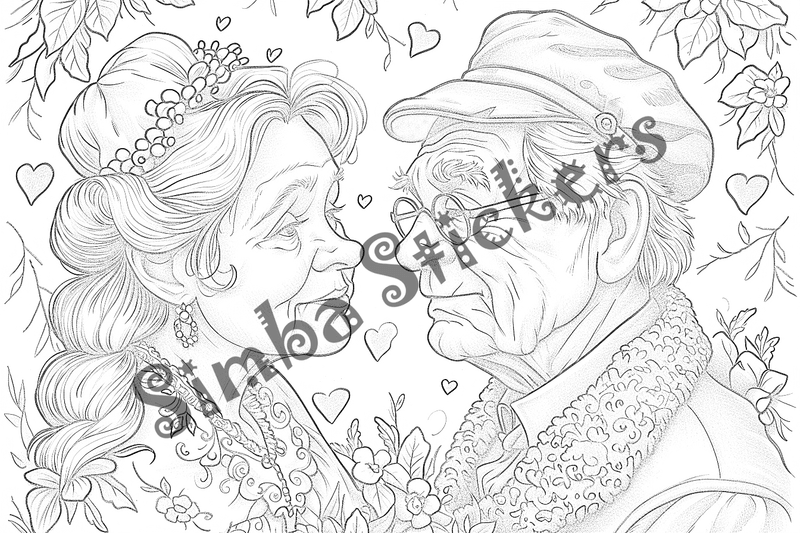Colouring pages, bundle of people, grandparents in love, 25 images