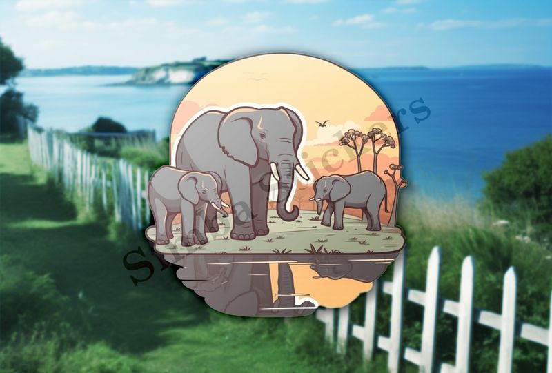 African elephant family at a pond in the Savanna