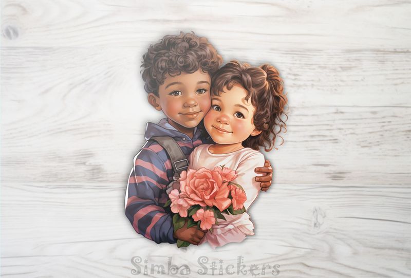 Girl and boy, cheek-to-cheek, holding flowers