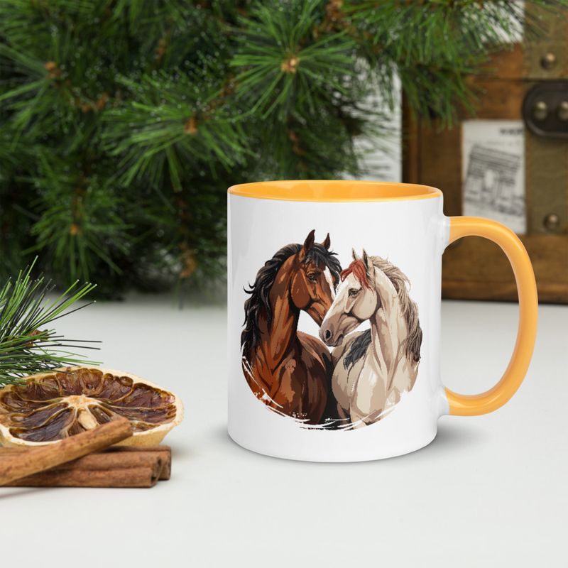 White Ceramic Mug with Color Inside, 11&amp;15oz, Horses nose-to-nose, jbgjpy