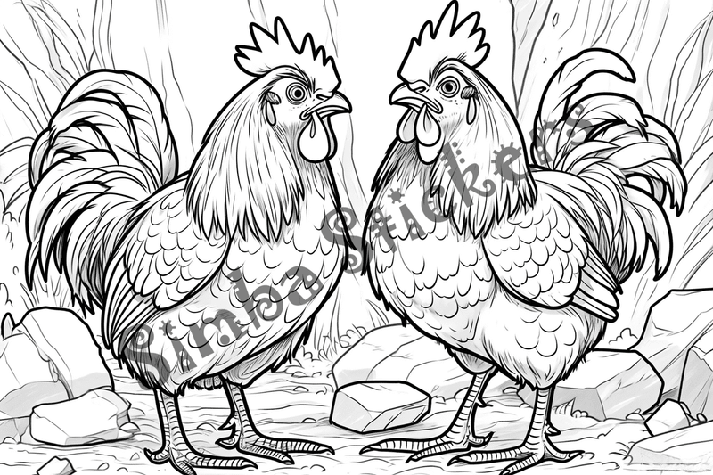 Colouring pages, bundle of chicken in love, mostly in flowers, 10 images