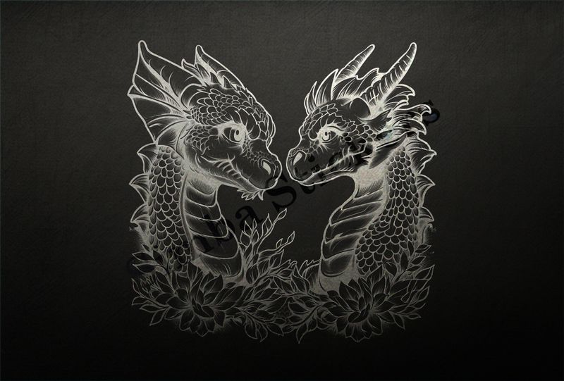 Baby dragons nose-to-nose in love, many flowers, outline art