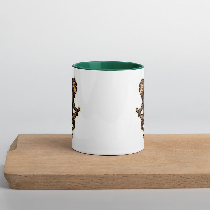 White Ceramic Mug with Color Inside, 11oz &amp; 15oz, Baboon on a tree, looking sad, head-to-head