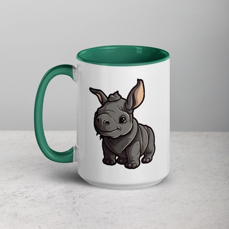 White Ceramic Mug with Color Inside, 11oz &amp; 15oz, Black rhino calf looking cute 