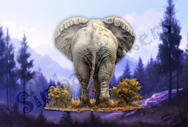 Elephant walking, tail slightly to the left, from behind