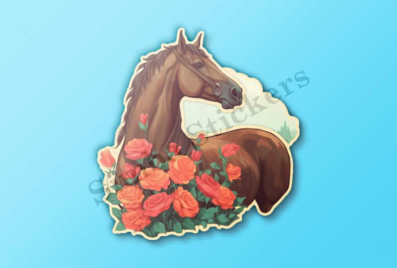Brown horse behind roses