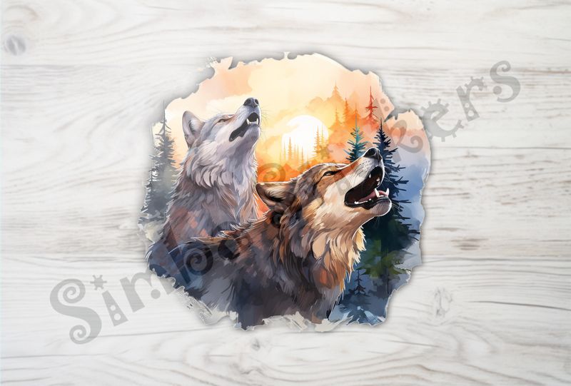 Wolves howling at the moon at sunset