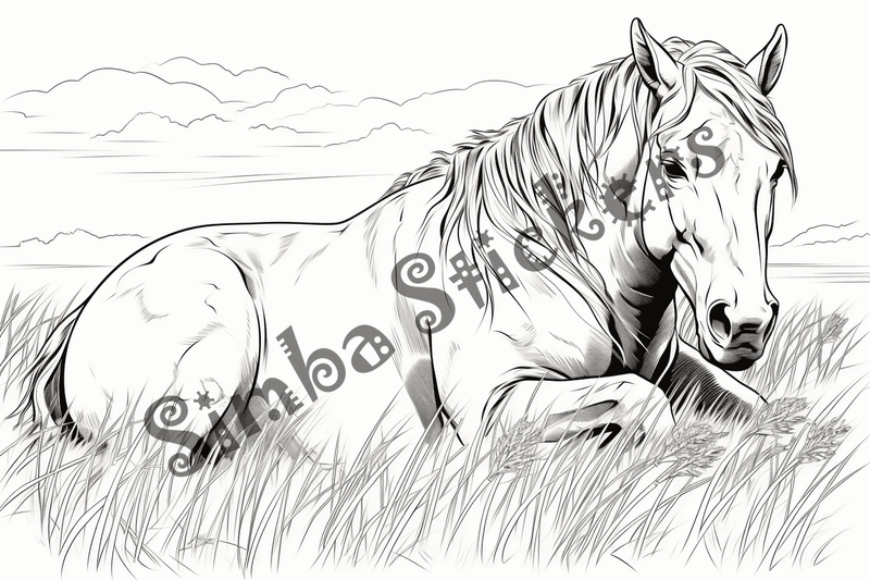 Colouring pages, bundle of horses on stomach, 10 images