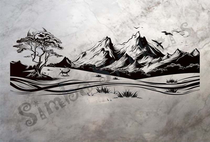 African Savanna landscape, mountain range, outline art