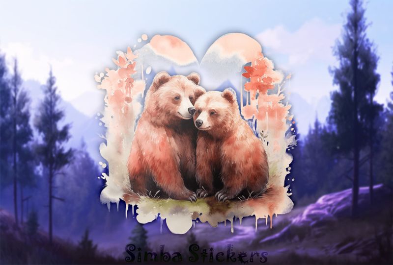 Bears cubs cheek-to-cheek in pinkish background, watercolour, xfqx0y