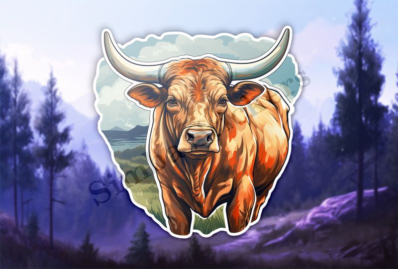 Bull grazing, cloudy blue background