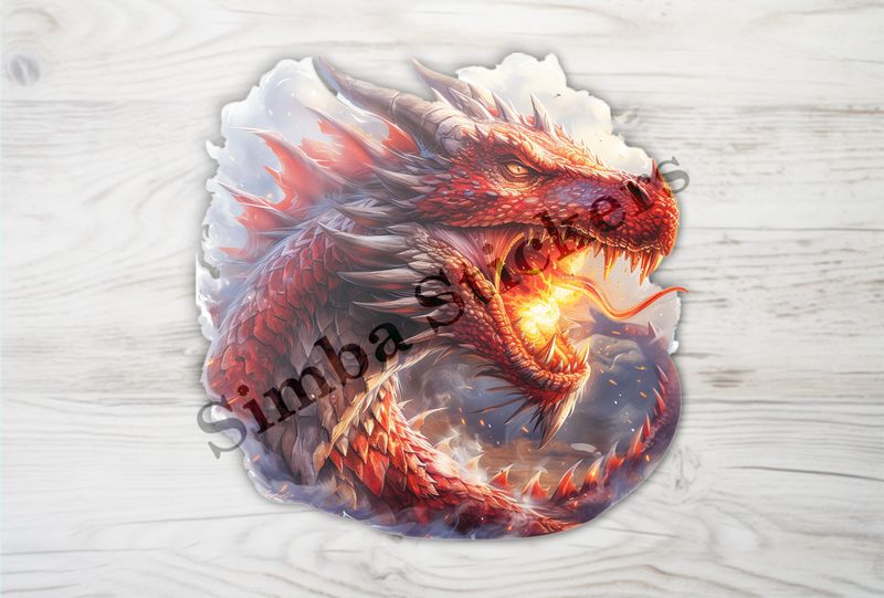 Red dragon, breathing fire in misty background