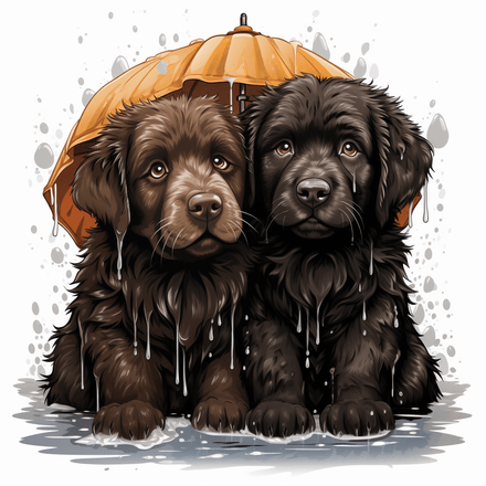 Newfoundland dogs wet in the rain, watercolour, image set, 10 images