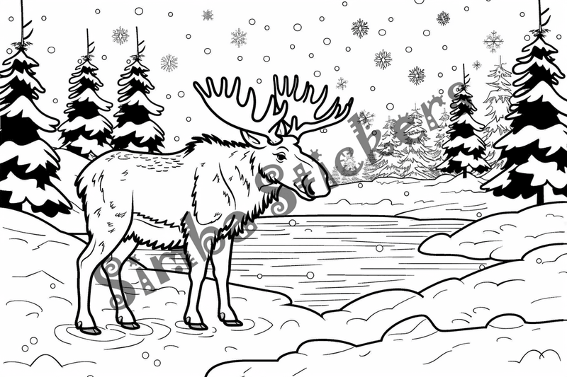 Colouring pages, Bundle of moose in thes snow, 10 images