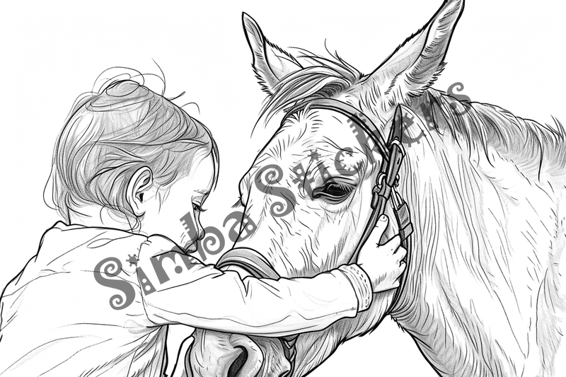 Colouring pages, bundle of mules hugged by child, 10 images