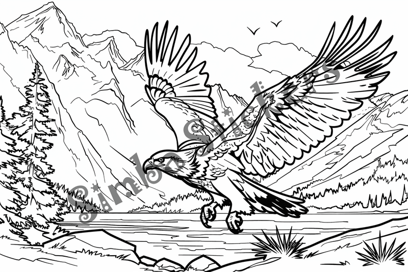 Colouring pages, bundle of eagles flying or in mountains, 10 images