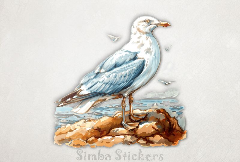 Seagull on small rocks by the beach, watercolour, unvow9