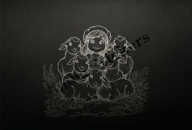 Small girl in small flock of goat kids, outline art