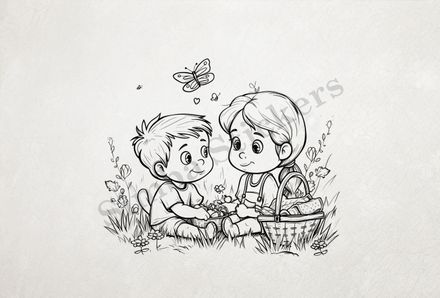 Cute boy and girl with picnic baskets, outline art