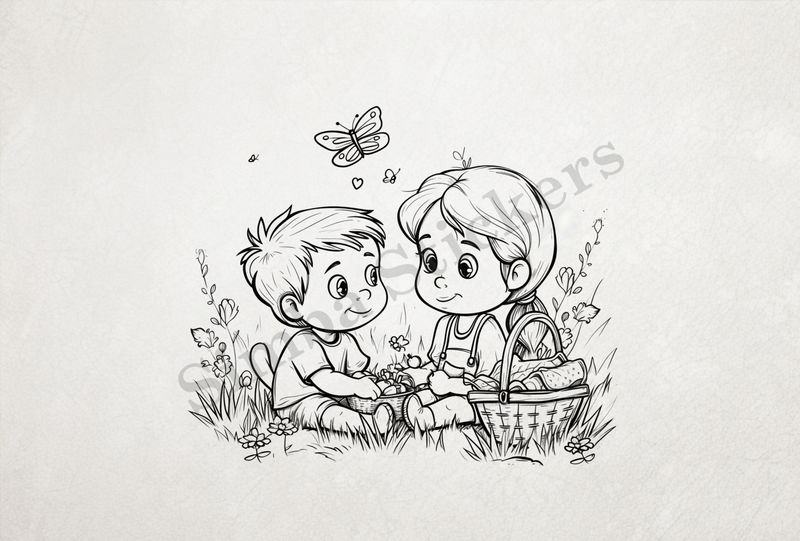Cute boy and girl with picnic baskets, outline art