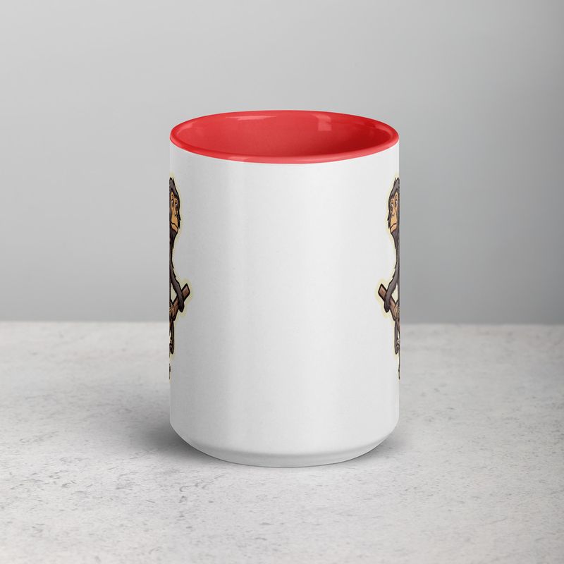 White Ceramic Mug with Color Inside, 11oz &amp; 15oz, Baboon on a tree, looking sad, head-to-head