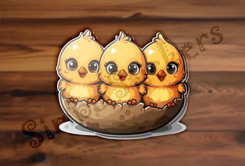 Happy Chick Triplets in half-intact eggshell