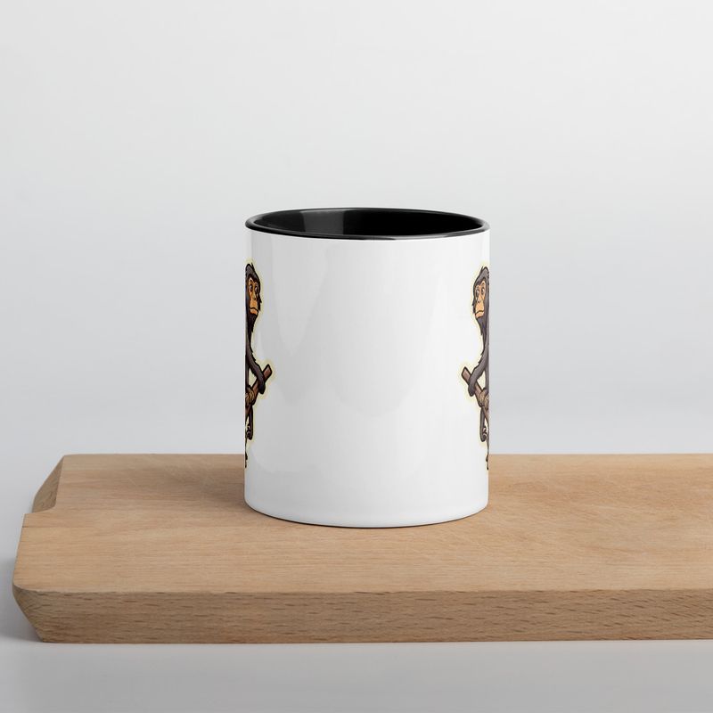 White Ceramic Mug with Color Inside, 11oz &amp; 15oz, Baboon on a tree, looking sad, head-to-head
