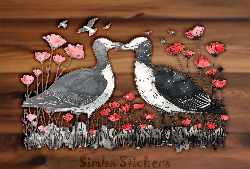 Seagulls in love beak-to-beak among flowers, watercolour, yloot2