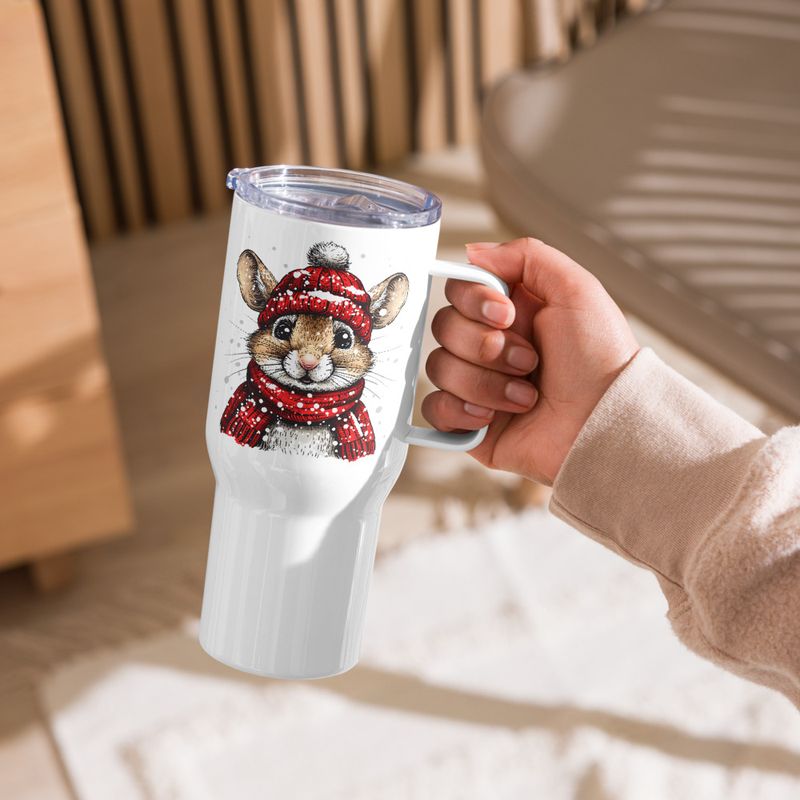 Travel Mug, Cattle, Mouse wearing red winter hat and scarf in the snow, xg8dl3