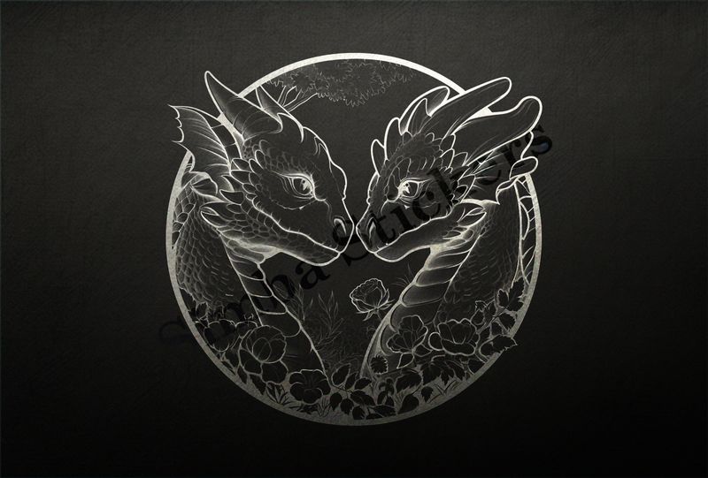 Dragons nose-to-nose in love, with flowers, in circle, outline art