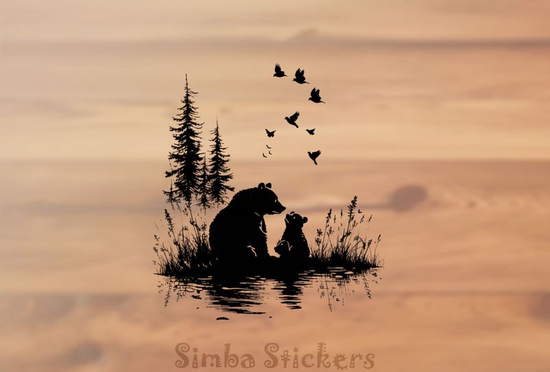 Bear mother with one bear cub, outline art, 7i3bg7