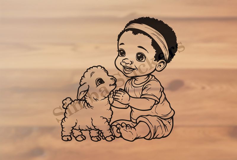 Sheep lamb looking up to small boy of African origin, outline art