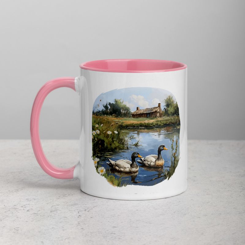 White Ceramic Mug with Color Inside, 11 &amp;15oz, Ducks in love swimming in farmhouse pond 