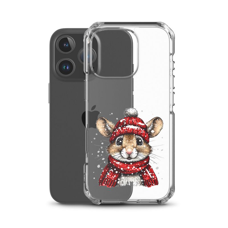 Clear Case for iPhone, Mouse wearing red winter hat and scarf in the snow, xg8dl3
