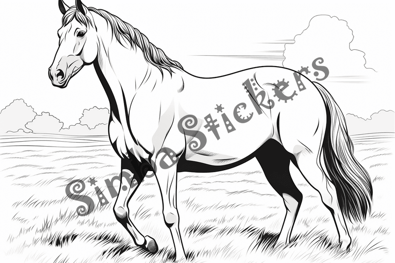 Colouring pages, bundle of horses on grass, 10 images
