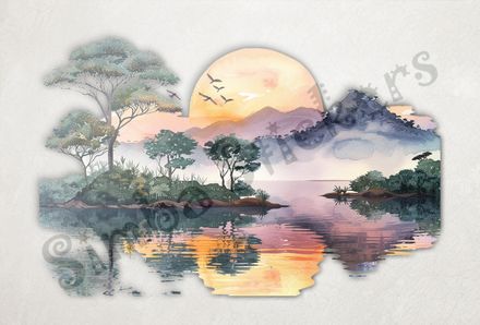 Equatorial Rainforest  landscape, with sun&#x27;s reflection on river