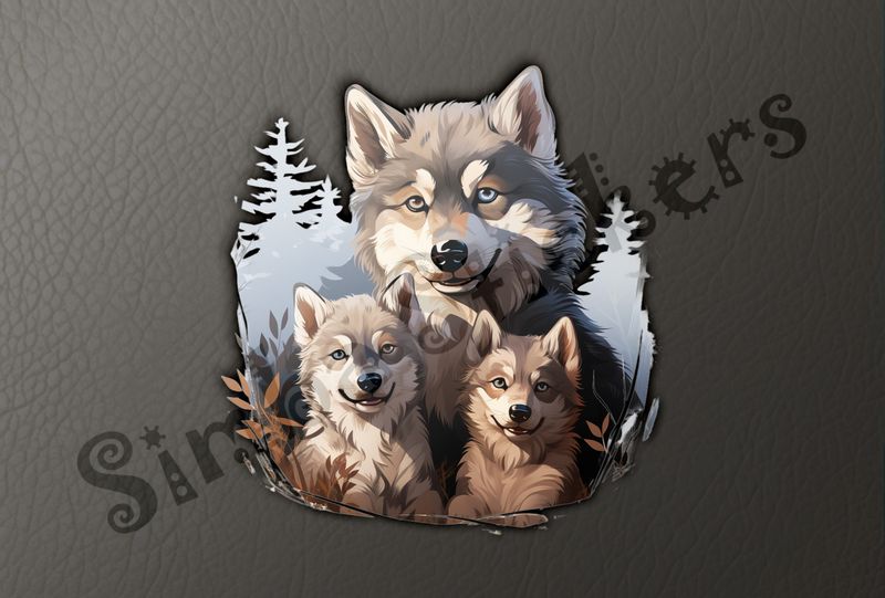 Wolf mother with 2 wolf cubs