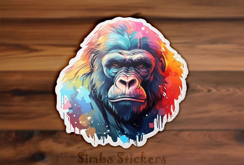 Gorilla staring straight ahead, colourful watercolour, vzntby