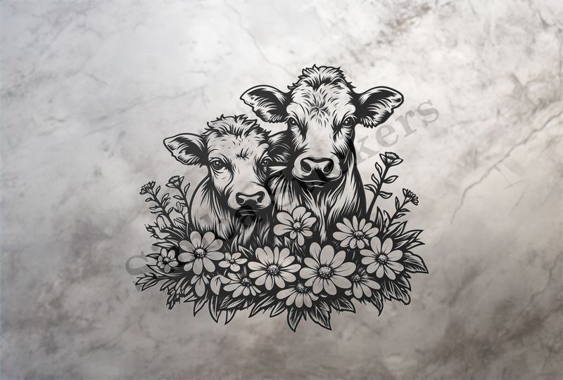 Bull and cow, romantic, with flowers ,  outline art