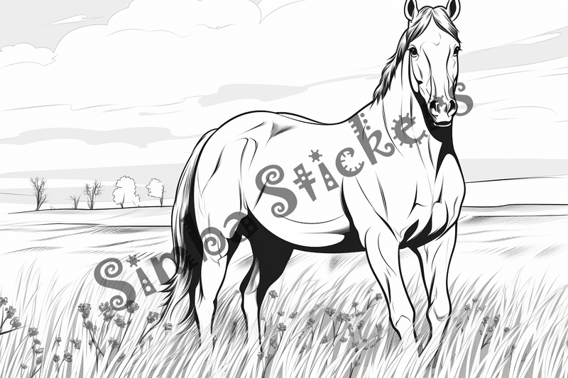 Colouring pages, bundle of horses on grass, 10 images