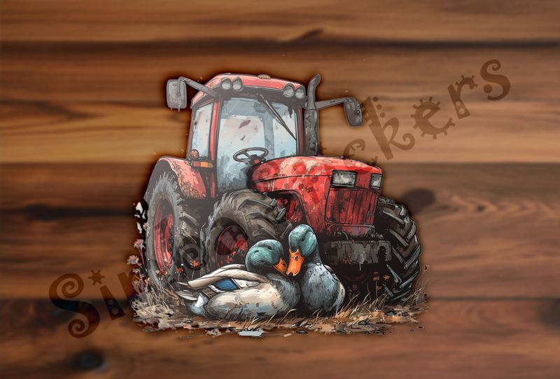 Ducks cuddling in front of farmer&#x27;s red tractor