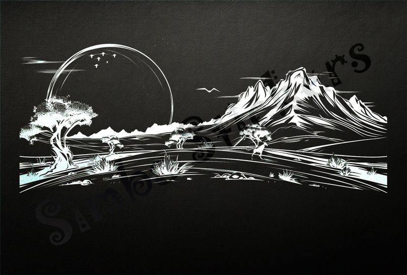 African Savanna landscape, huge sun setting, outline art