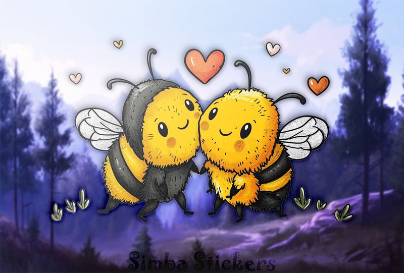 Bees in love cheek-to-cheek, with romantic heart above them, watercolour