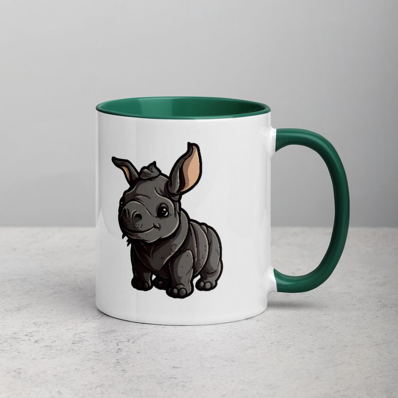 White Ceramic Mug with Color Inside, 11oz &amp; 15oz, Black rhino calf looking cute 