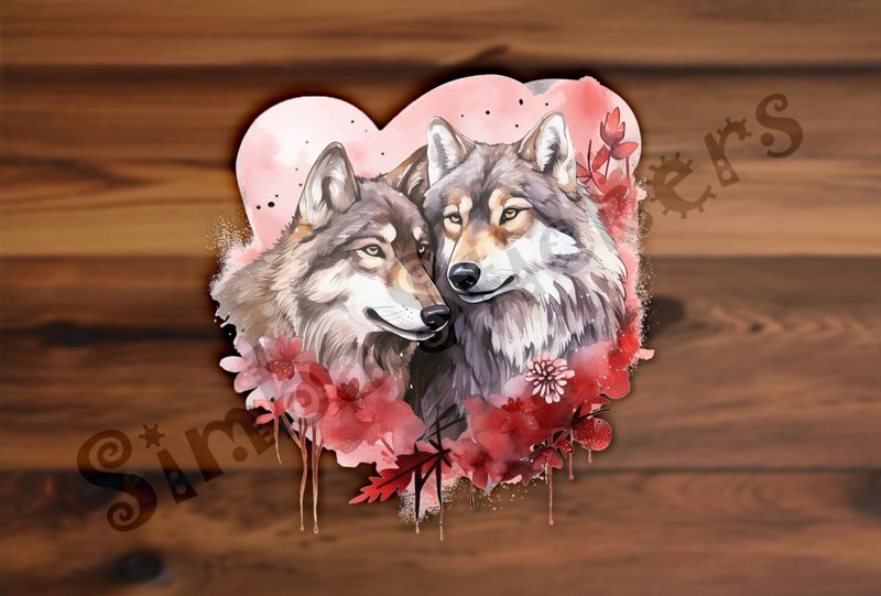 Wolves in love, in flowery heart shape